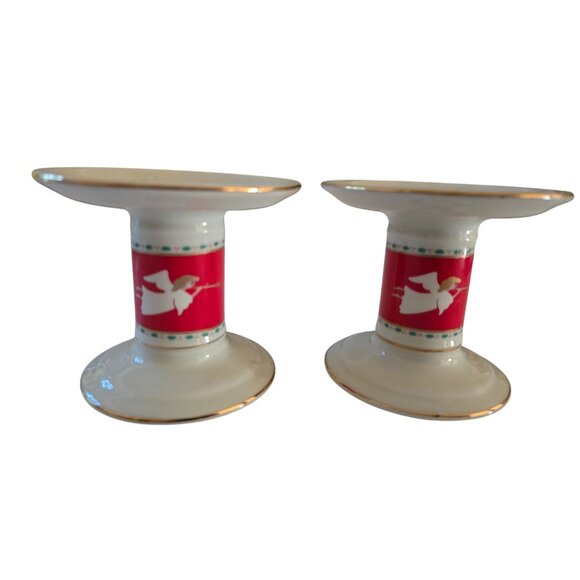 Vintage Porcelain Candle Holders With Snowflake & Angel Design - Picture 2 of 6